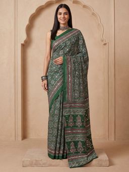 Sareemall - Green Printed Saree with Unstitched Blouse