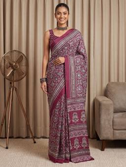 Sareemall - Wine Printed Saree with Unstitched Blouse