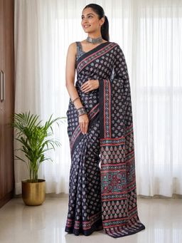 Sareemall - Black Printed Saree with Unstitched Blouse