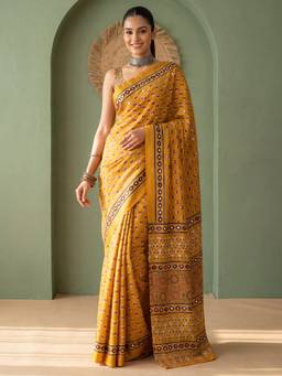 Sareemall - Mustard Printed Saree with Unstitched Blouse