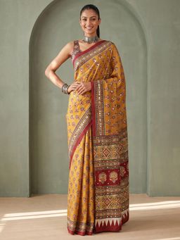 Sareemall - Mustard Printed Saree with Unstitched Blouse