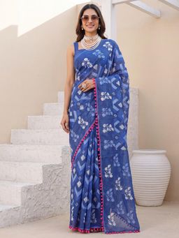 Sareemall - Navy Blue Printed Saree with Unstitched Blouse