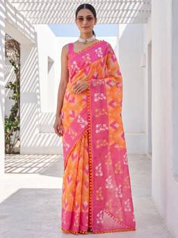 Sareemall - Orange Printed Saree with Unstitched Blouse