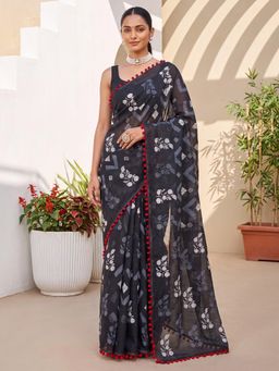 Sareemall - Black Printed Saree with Unstitched Blouse