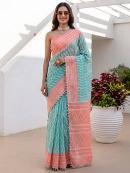 Sareemall - Blue Stripes Saree with Unstitched Blouse