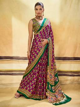 Sareemall - Purple Floral Printed Saree with Unstitched Blouse