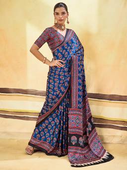 Sareemall - Blue Floral Printed Saree with Unstitched Blouse
