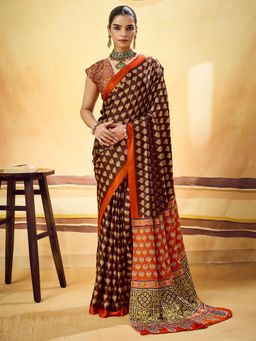 Sareemall - Brown Floral Printed Saree with Unstitched Blouse
