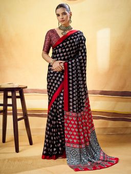 Sareemall - Black Floral Printed Saree with Unstitched Blouse