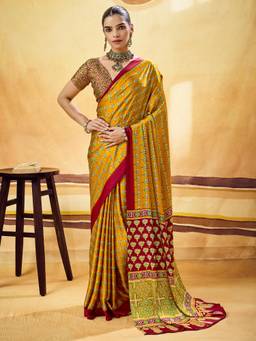 Sareemall - Mustard Floral Printed Saree with Unstitched Blouse