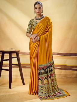 Sareemall - Mustard Printed Saree with Unstitched Blouse