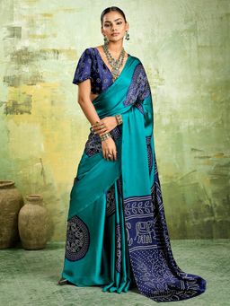 Sareemall - Teal Printed Saree with Unstitched Blouse