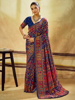 Sareemall - Navy Blue Woven Zari Saree with Unstitched Blouse