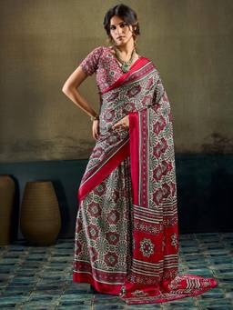 Sareemall - Maroon Printed Saree with Unstitched Blouse