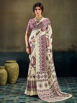 Sareemall - Cream Printed Saree with Unstitched Blouse