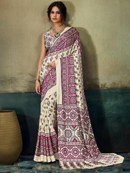 Sareemall - Cream Printed Saree with Unstitched Blouse