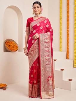 Sareemall - Pink Woven Zari Saree with Unstitched Blouse