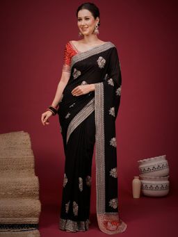 Sareemall - Black Embroidered Saree with Unstitched Blouse