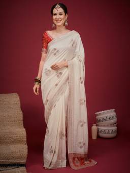 Sareemall - Off White Embroidered Saree with Unstitched Blouse