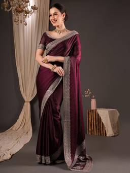 Sareemall - Wine Embroidered Saree with Unstitched Blouse