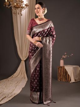 Sareemall - Wine Woven Zari Saree with Unstitched Blouse