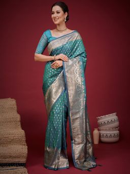 Sareemall - Turquoise Woven Zari Saree with Unstitched Blouse