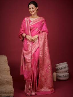 Sareemall - Pink Woven Zari Saree with Unstitched Blouse & Dupatta