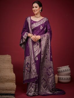 Sareemall - Purple Woven Zari Saree with Unstitched Blouse & Dupatta