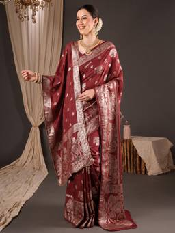 Sareemall - Maroon Woven Zari Saree with Unstitched Blouse