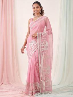 Sareemall - Pink Embroidered Saree with Unstitched Blouse