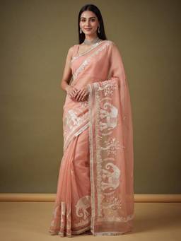 Sareemall - Peach Embroidered Saree with Unstitched Blouse