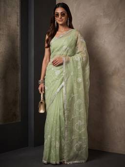 Sareemall - Green Embroidered Saree with Unstitched Blouse