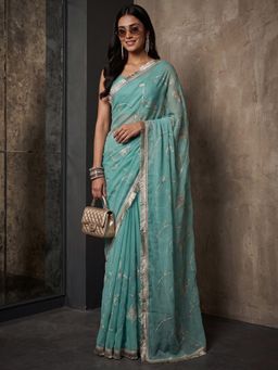 Sareemall - Blue Embroidered Saree with Unstitched Blouse