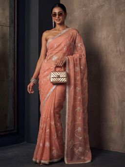 Sareemall - Peach Embroidered Saree with Unstitched Blouse