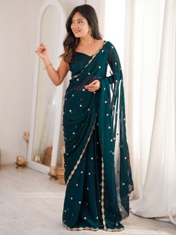 Sareemall - Teal Embellished/Sequined Saree with Unstitched Blouse