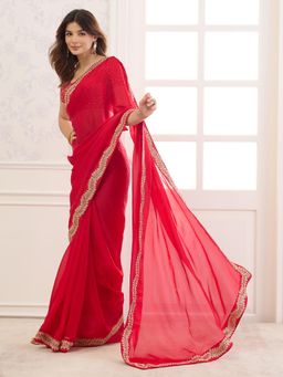Sareemall - Red Solid/Plain Saree with Unstitched Blouse