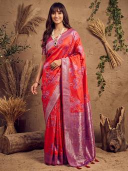 Sareemall - Red Woven Zari Saree with Unstitched Blouse