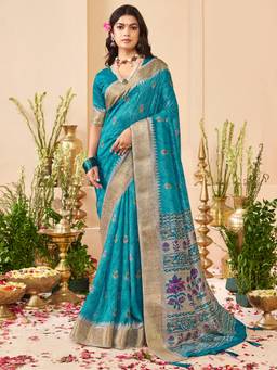 Sareemall - Blue Woven Zari Saree with Unstitched Blouse
