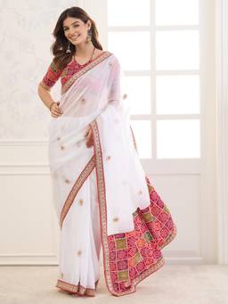 Sareemall - White Embroidered Saree with Unstitched Blouse