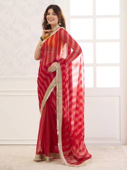 Sareemall - Red Stripes Saree with Unstitched Blouse