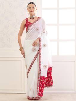 Sareemall - White Embellished/Sequined Saree with Unstitched Blouse