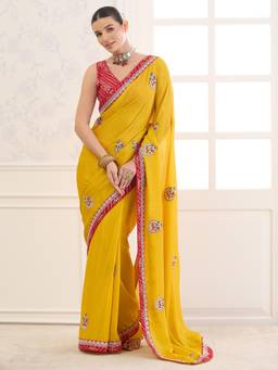 Sareemall - Yellow Embroidered Saree with Unstitched Blouse