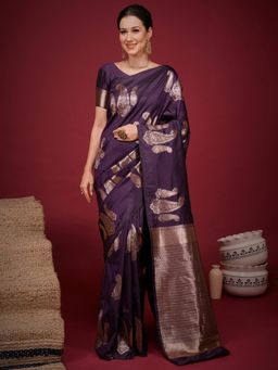 Sareemall - Purple Woven Zari Saree with Unstitched Blouse