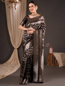 Sareemall - Black Woven Zari Saree with Unstitched Blouse