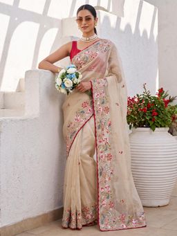 Sareemall - Beige Embroidered Thread Work Saree with Unstitched Blouse