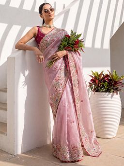 Sareemall - Pink Embroidered Thread Work Saree with Unstitched Blouse