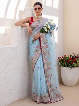 Sareemall - Blue Embroidered Thread Work Saree with Unstitched Blouse