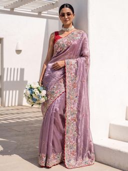 Sareemall - Purple Embroidered Thread Work Saree with Unstitched Blouse