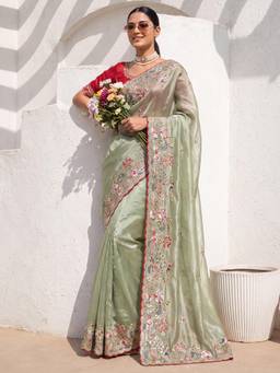 Sareemall - Green Embroidered Thread Work Saree with Unstitched Blouse