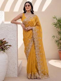 Sareemall - Mustard Embellished/Sequined Saree with Unstitched Blouse
